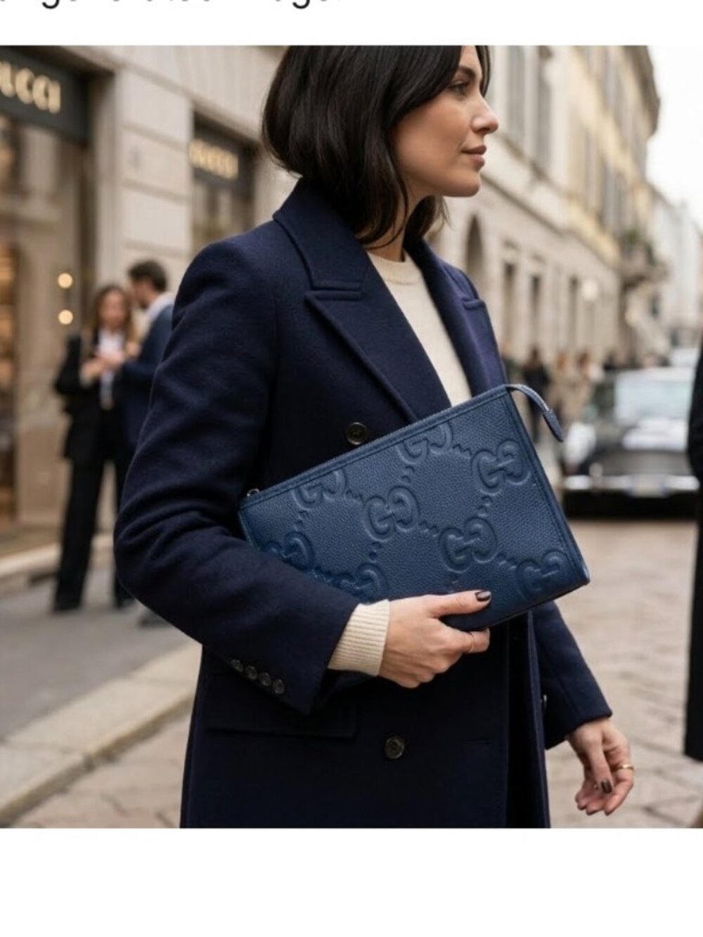 Authentic Gucci Jumbo GG Handbag Pouch Second Bag Clutch Leather  Navy Blue